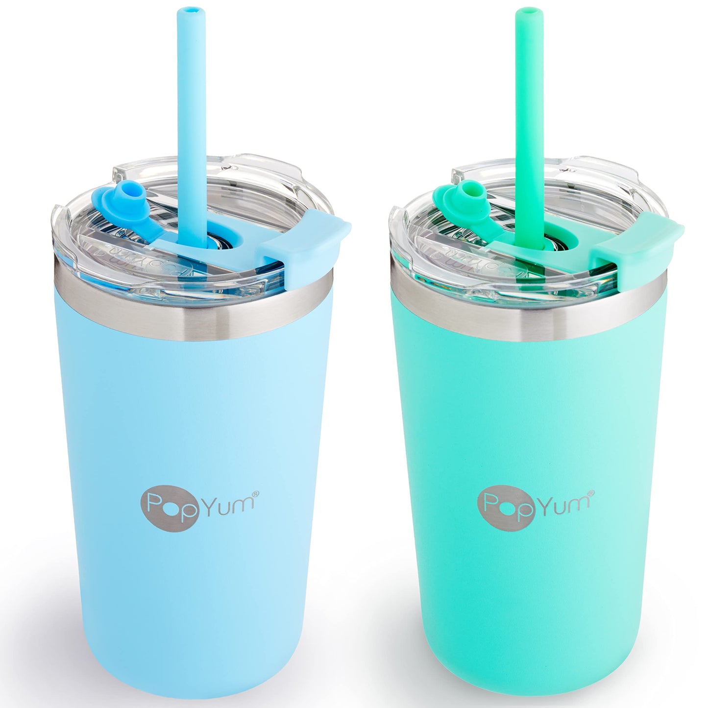 PopYum Vasos Térmicos Anti Derrame de acero inoxidable para niños de 13 onzas con tapa y popote paquete de 2 azul y verde