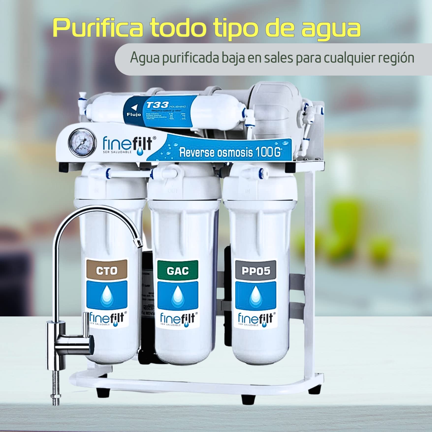 FINEFILT | Purificador de agua de Osmosis Inversa | Filtro Purificador de Agua para casa | hasta 100 galones por dia | Agua segura ya que Elimina Bacterias,Cloro, Metales Pesados y dureza