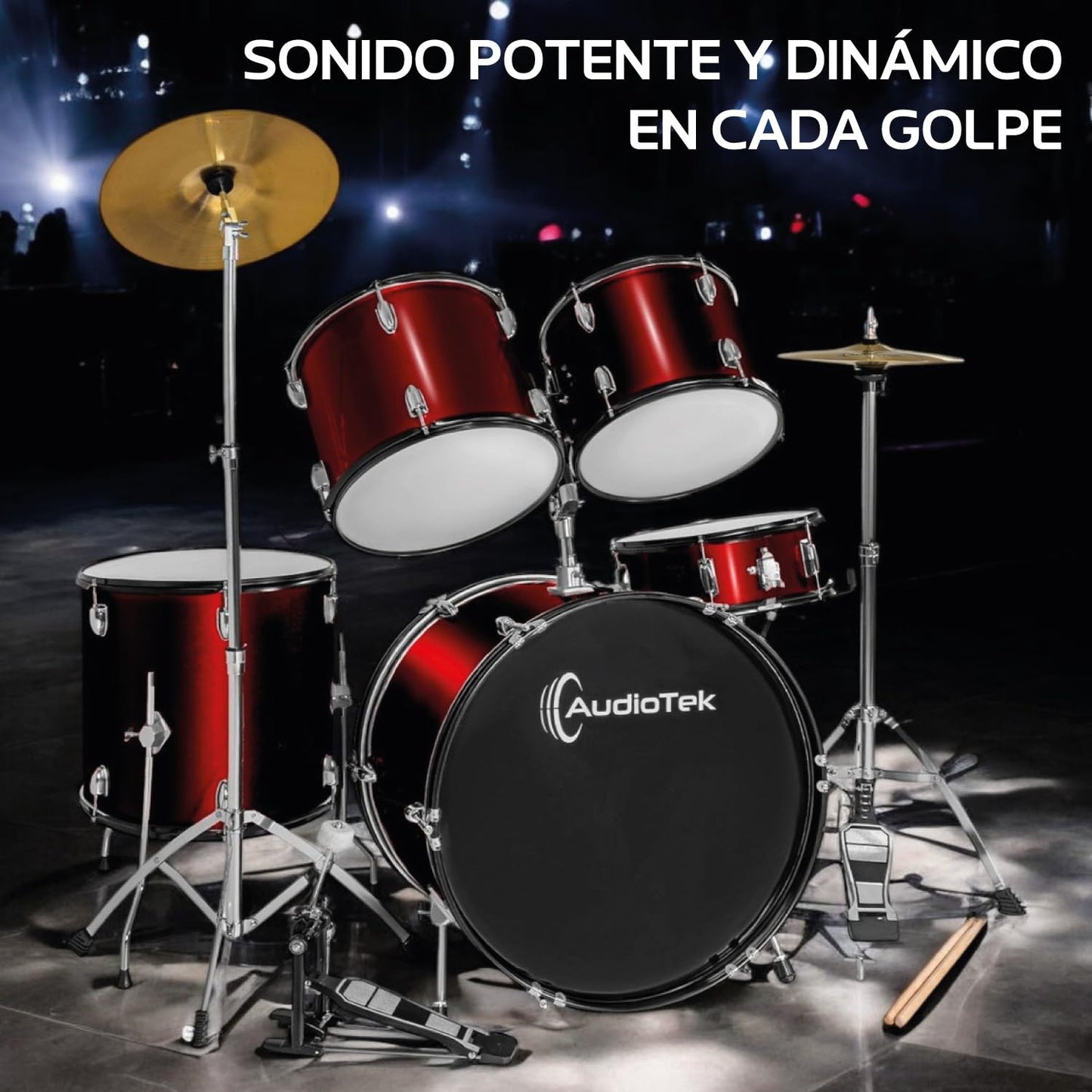 AUDIOTEK Bateria Acustica 5 Piezas Completo Platillos Atriles Bombo 23 Pulgadas Toms Redoblante Tambor de Piso Baquetas Incluidas Kit Musical Semi Profesional para Principiantes y Adultos (Rojo)