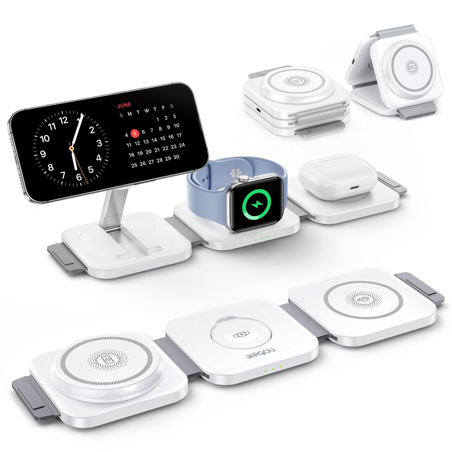 JARGOU 3 in 1 Magnetic Wireless Charger, Fast Charging Station for iPhone 16/15/14/13/12 Series, Travel Charger for Multiple Devices for AirPods 4/3/2/Pro, Charging Stand for Apple Watch S10 Series