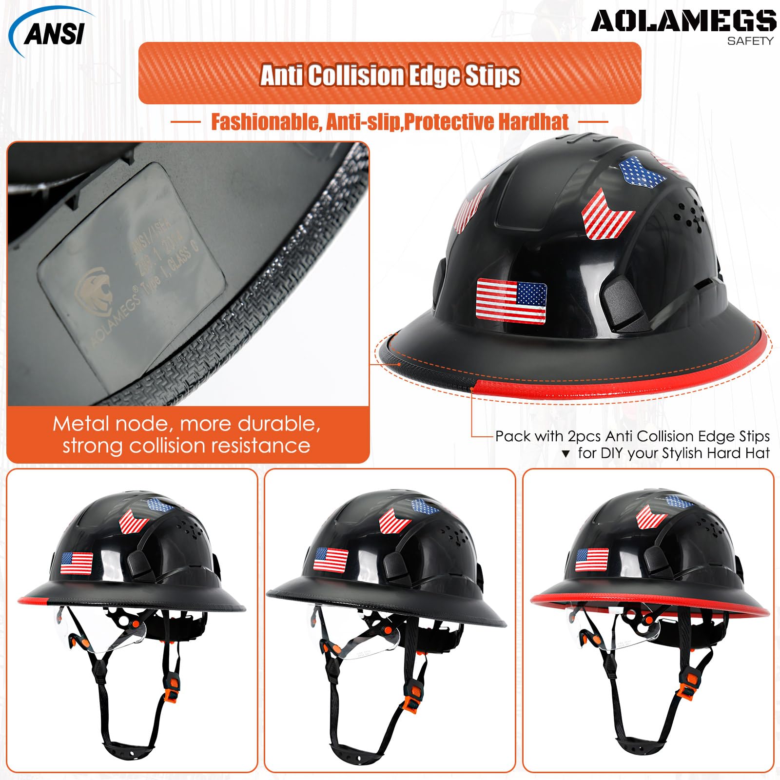 Cascos duros de borde completo con visera de construcción aprobados por OSHA - Cascos duros ventilados para hombres, Casco duro negro con correa para la barbilla, seguridad negro con visera tintada
