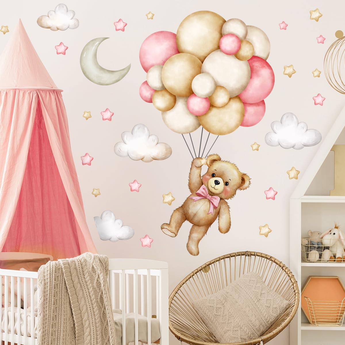 Calcomanías de pared de oso de peluche, globos de aire, estrella, luna y nube, calcomanías de pared para habitación de niños, habitación de bebé, habitación de bebé, decoración de cuarto de bebé (oso