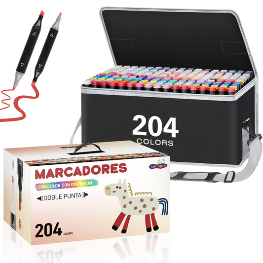 CROSPIN Set de Rotuladores de Dibujo 204 Colores, Juego de Marcadores de Dibujo, Doble Punta + Base Alcohol, Tinta Resistente y Estuche Premium - ¡Regalo Perfecto para Artistas