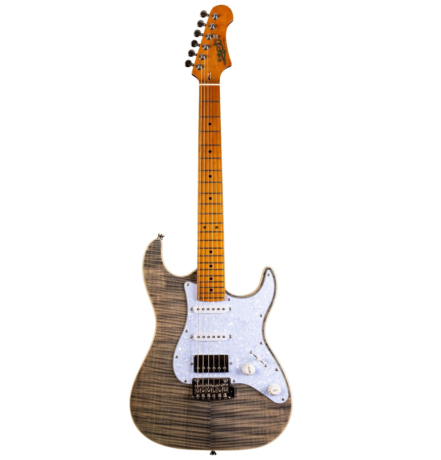 Jet Guitars JS450 TBK Strat Guitarra, pastillas HSS Alnico, cuerpo de tilo sólido con tapa de arce llama, cuello de arce tostado de 22 trastes, afinadores de bloqueo, trémolo de 2 puntos