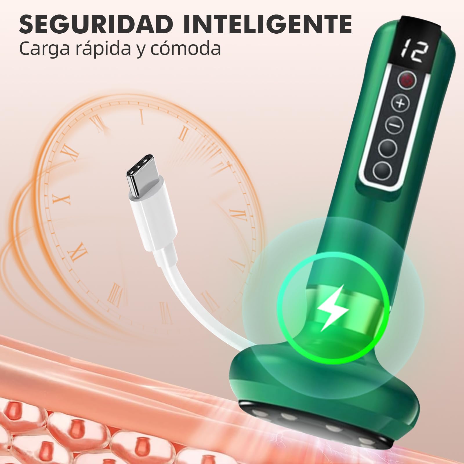 Masajeador Celulitis,Masajeador Corporal Multifuncional,con Tablero Gua Sha,Herramienta de Masaje eléctrico,12 Niveles con Calor, Removedoras de Grasa Eléctrica, para Brazo,Cintura,Pierna-Verde