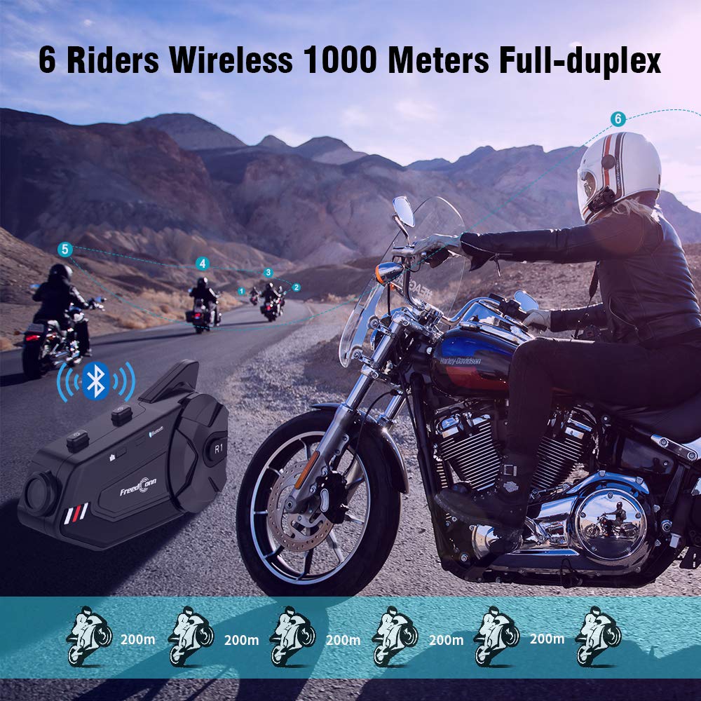 Auriculares para Casco de Motocicleta FreedConn R1plus Bluetooth Intercom FM Negro Impermeables para 6 Ciclistas