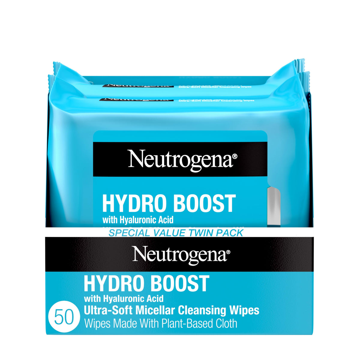 Neutrogena HydroBoost Facial Cleansing & Makeup Remover Wipes with Hyaluronic Acid, Hydrating Pre-Moistened Face Towelettes to Cleanse & Remove Dirt, Makeup & Impurities, Twin Pack, 25 ct