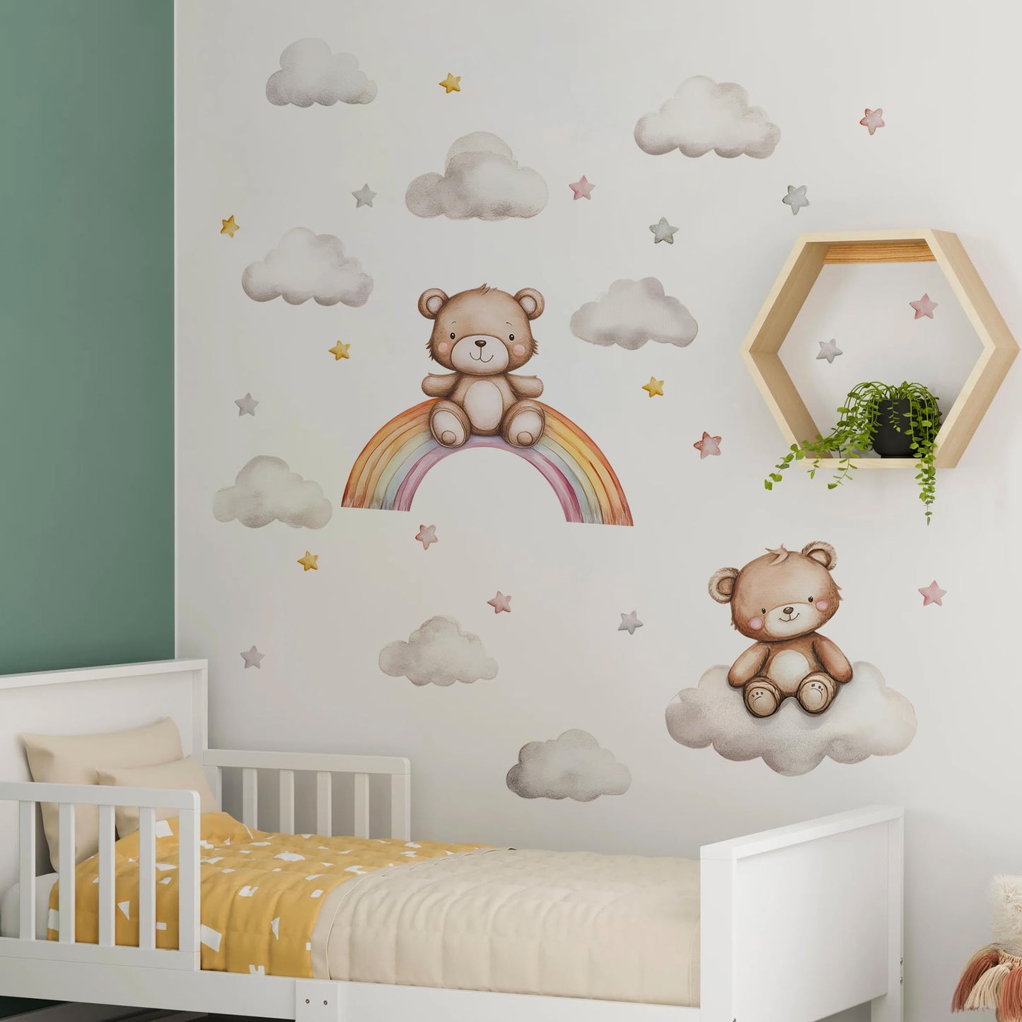 Calcomanías de pared de oso de peluche, pegatinas de pared de oso de dibujos animados, estrella de arco iris, para habitación de niños, habitación de bebé, habitación de bebé, decoración de cuarto de