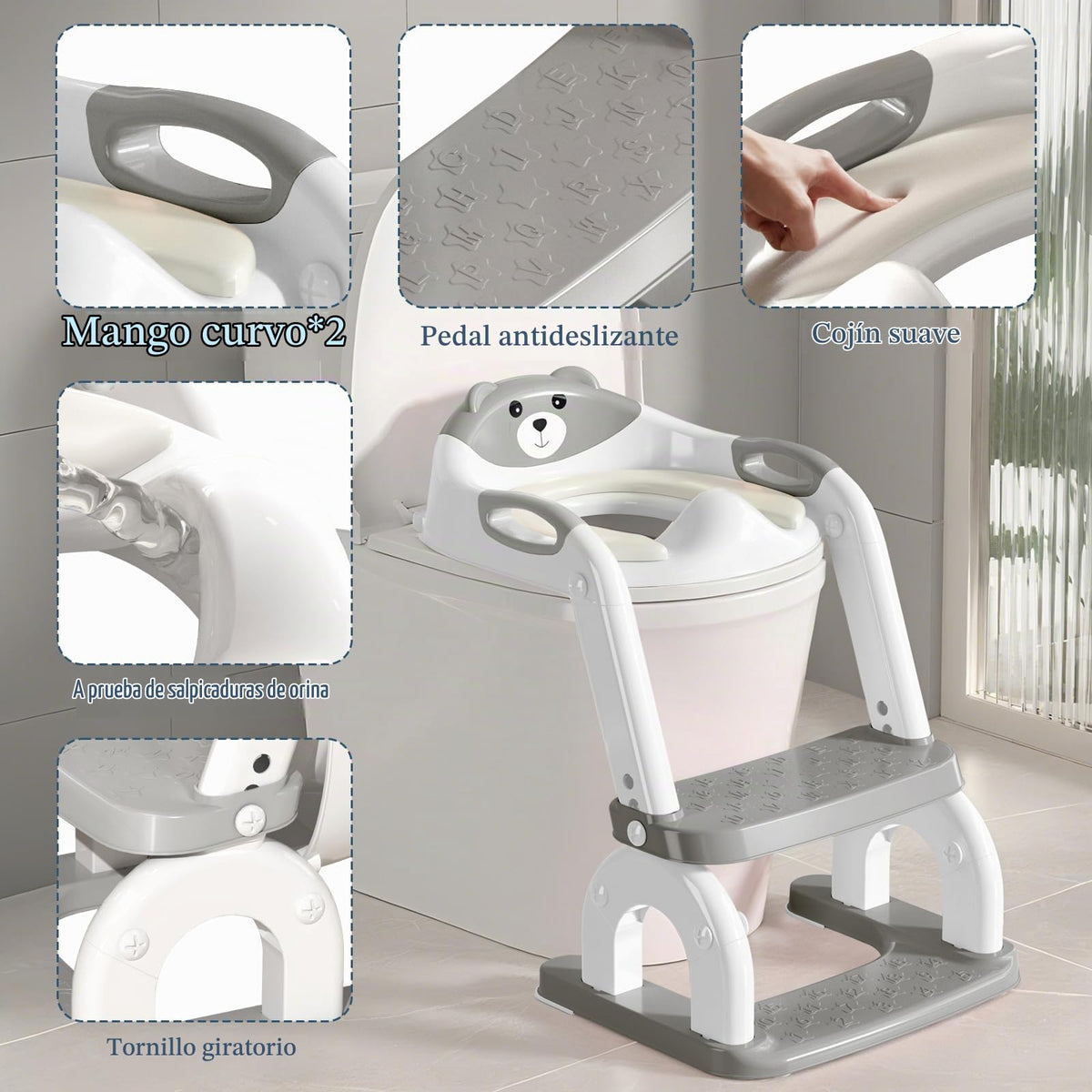 CUXFLS Asiento de entrenamiento para ir al baño con escalera para niños pequeños, inodoro de entrenamiento ajustable 2 en 1 para niños y niñas con protector contra salpicaduras, cojín impermeable