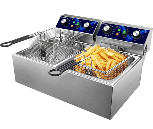 Iproods Freidora eléctrica con cesta y tapa, máquina de freír de acero inoxidable para cocina comercial y doméstica, con temperatura y tiempo ajustable, 110 V (10.5 QT*2)