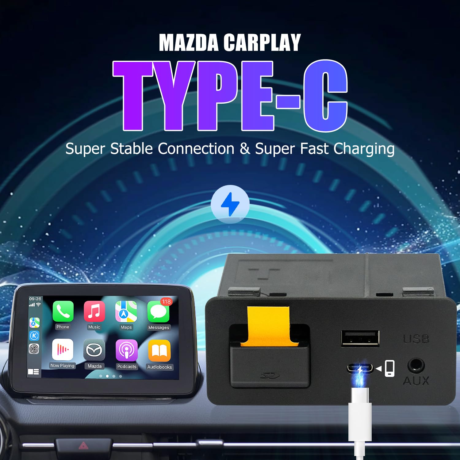 HMYC Mazda Carplay y Android Auto Retrofit Kit, TK78-66-9U0C OEM Media Hub se adapta al sistema MZD Connect, compatible con Mazda 2/3/6/CX3/CX5/CX9/MX5 2014-2019 años (interfaz de carga rápida tipo c)