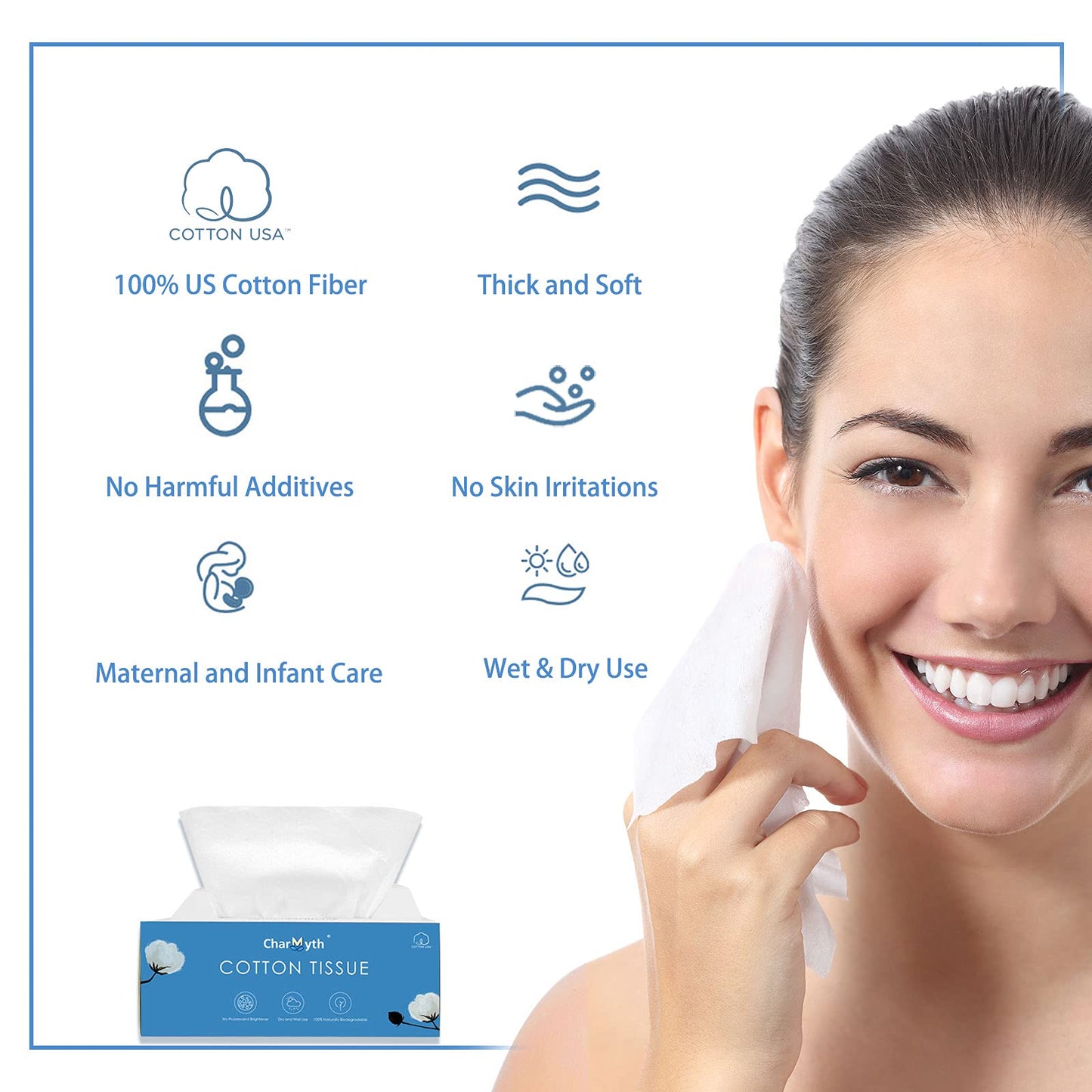 Charmyth - Pañuelos de algodón para cara sin perfume, suave, desechables, toallitas secas, toallitas secas para bebé para piel sensible, tela de algodón facial, 600 unidades