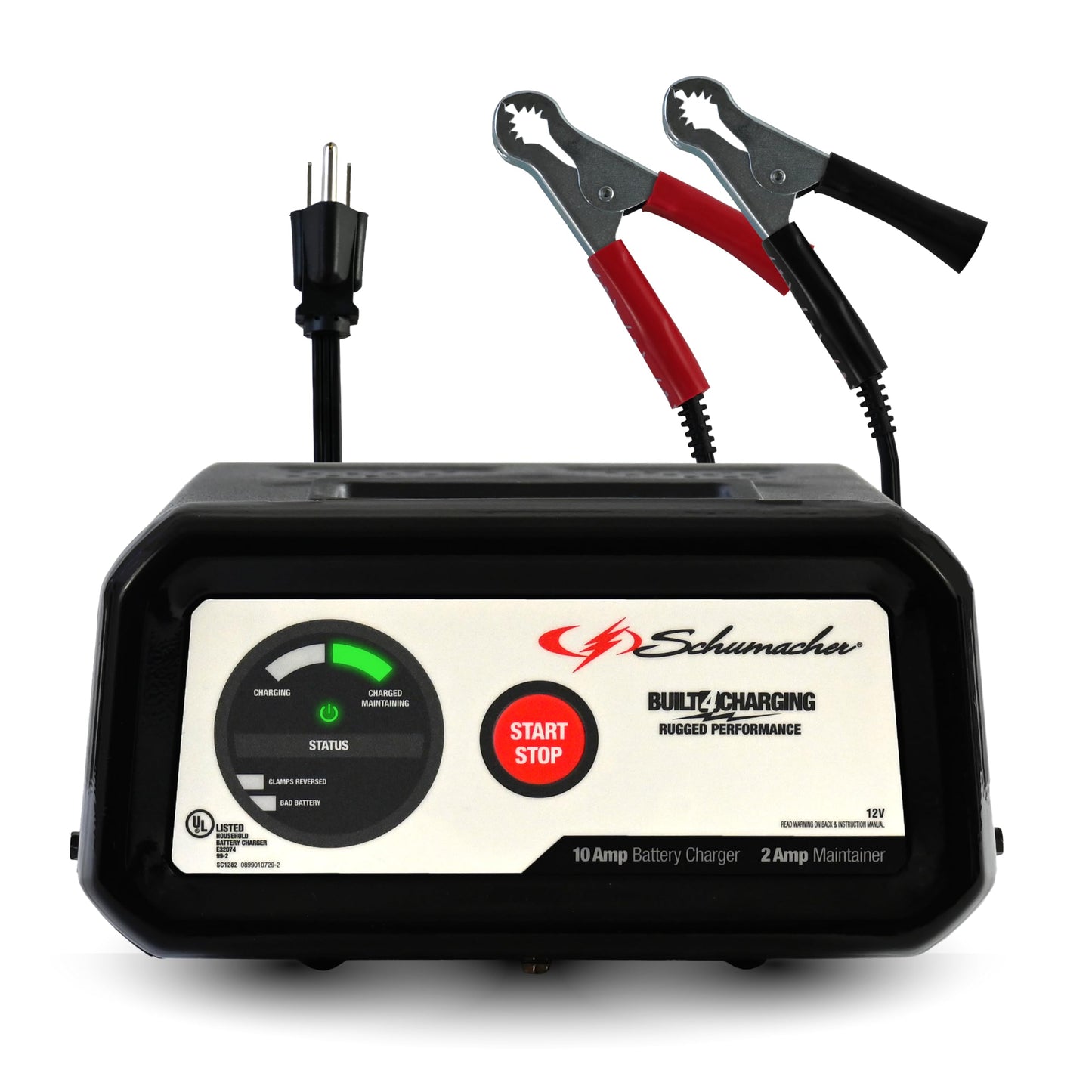 Schumacher Electric SC1282 Cargador de batería y mantenedor completamente automático para motocicletas, deportes de potencia, tractores de césped, coches, SUV y barcos, 10 amperios, 12 voltios, negro,