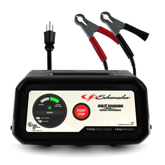 Schumacher Electric SC1282 Cargador de batería y mantenedor completamente automático para motocicletas, deportes de potencia, tractores de césped, coches, SUV y barcos, 10 amperios, 12 voltios, negro,
