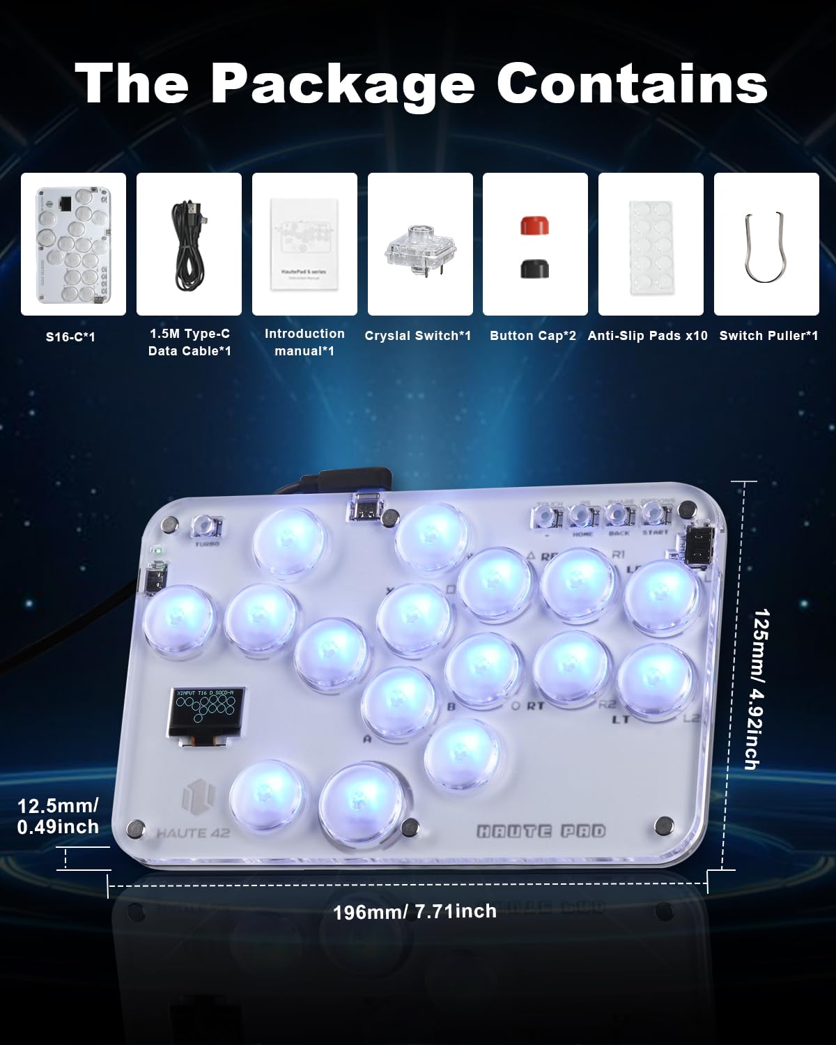 Haute42 Leverless Controller Arcade Stick: S16 Leverless Controller with Kailh Crystal Low-Profile Switches,Leverless Arcade Controller Street Fight for PC/PS3/PS4/Switch Support Hot Swap & SOCD