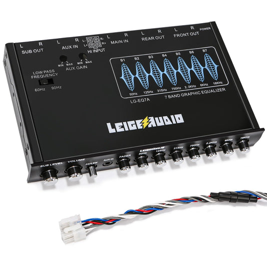 LEIGESAUDIO LG-EQ7A - Ecualizador gráfico de audio para coche de 7 bandas con entrada auxiliar frontal de 3,5 mm, salidas RCA de alto voltaje y entradas de altavoz de alto nivel