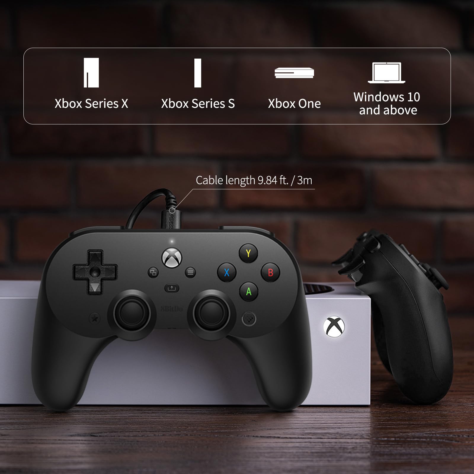 Control Alambrico 8bitdo Pro 2 para Xbox Series X|S, Xbox One, Windows 10/11, Mando con Joysticks de Efecto Hall, Conector de Audio de 3,5 mm - Con Licencia Oficial - Negro