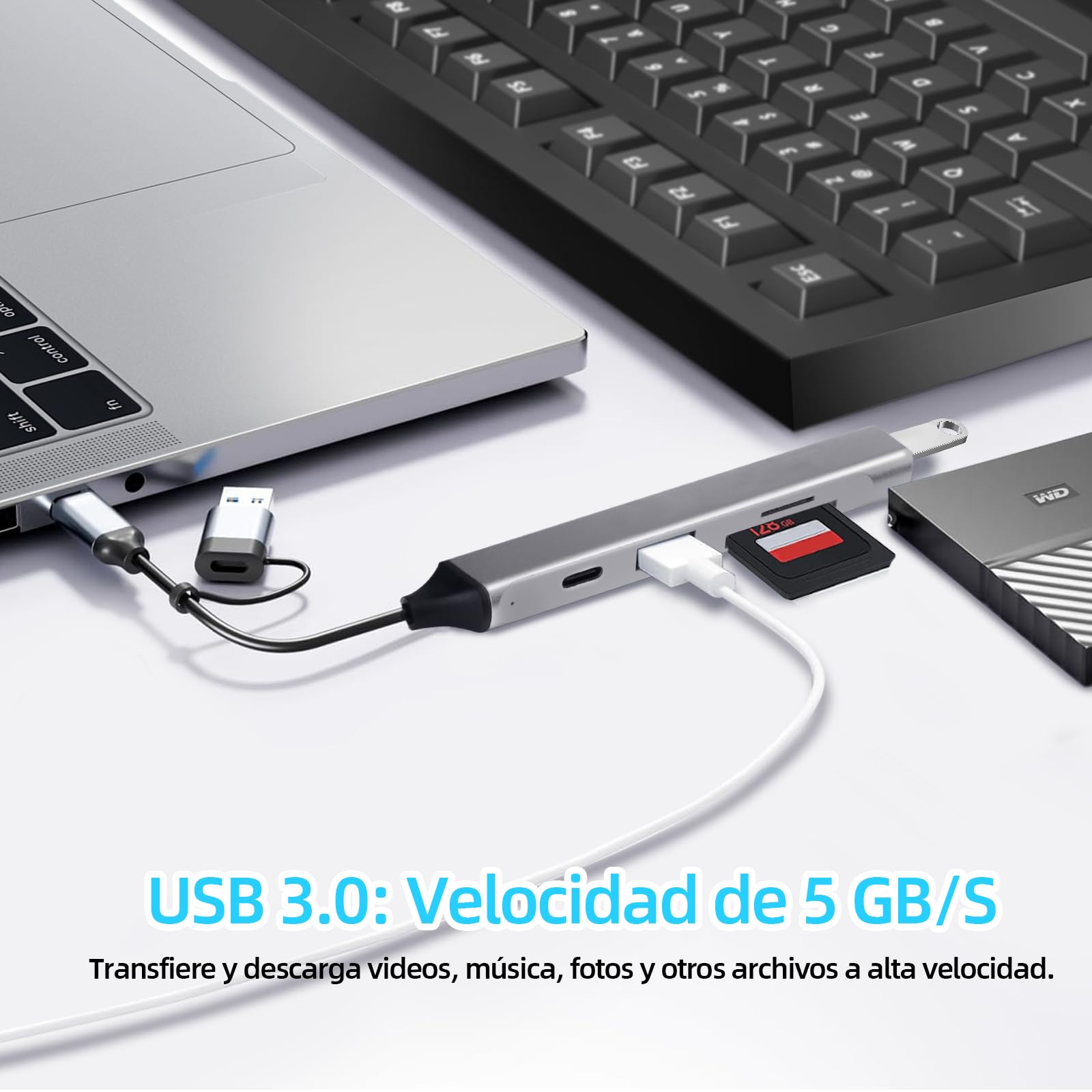 JUGLUTE USB C Hub, 5 en 1 Adaptador USB C Multipuerto Aluminio a Tarjetas SD/MicroSD, USB 3.0 y 2.0, PD Carga Compatible Hub USB con MacBook M1 M2 Pro Air iPad iPhone 16 Galaxy S24