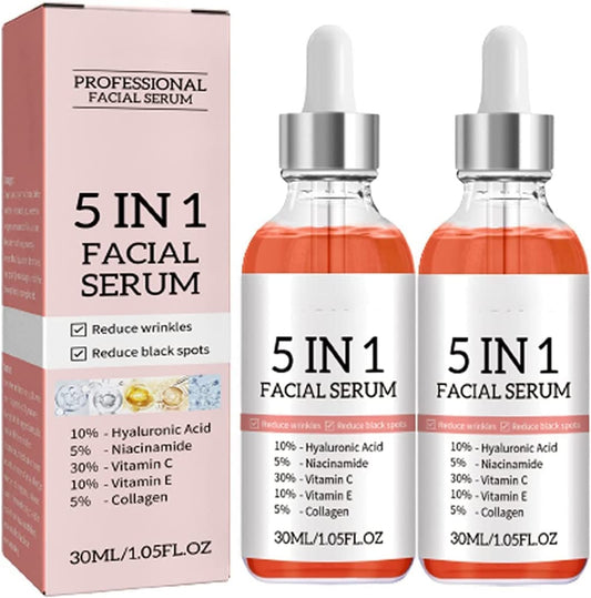 Suero facial 5 en 1,Suero antienvejecimiento con refuerzo de colágeno,Reduce las arrugas Suero facial,Suero de vitamina C para la cara con ácido hialurónico,Mejora la sequedad y la aspereza