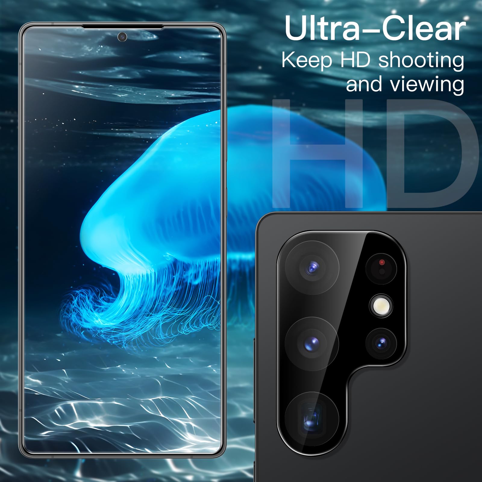 JETech 5 en 1 Funda Mate para Samsung Galaxy S25 Ultra 5G con 2 Protector Pantalla y 2 Protector Lente Cámara, Carcasa Respaldo Translúcida, Mica Cristal Vidrio Templado (Negro Titanio)