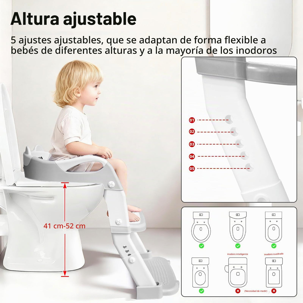 Asiento de entrenamiento para ir al baño, asiento de inodoro para niños y niñas, inodoro 3 en 1 con taburete de escalón, antideslizante plegable (gris + blanco)