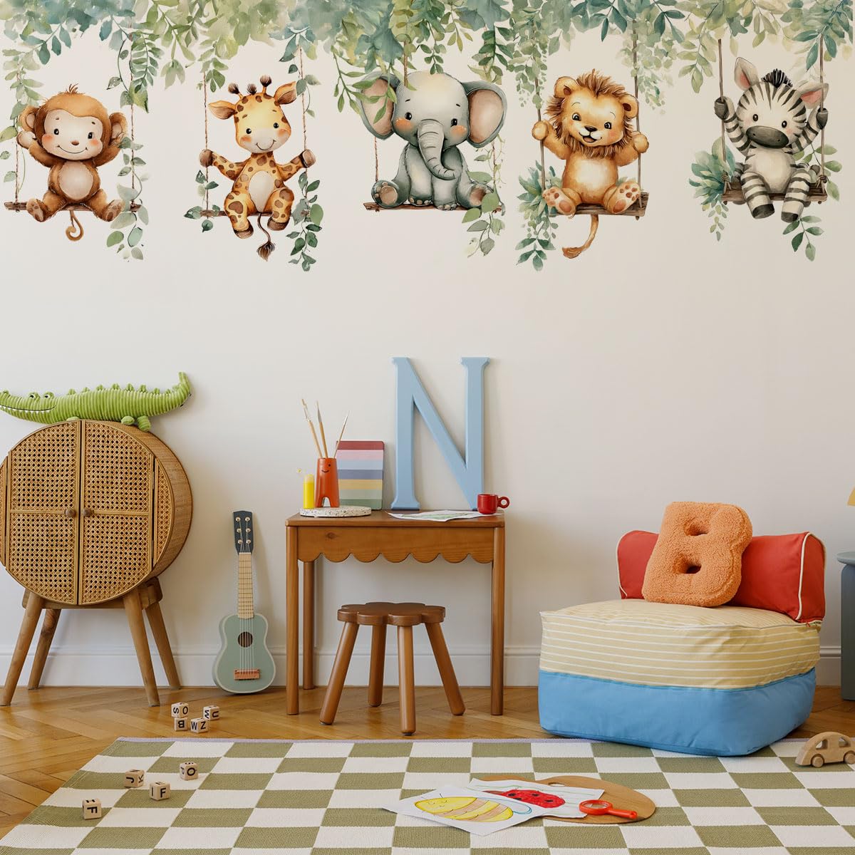 Calcomanías de pared de animales de la selva, elefantes de overol, leones, cebras, jirafas, hojas de vid, pegatinas de pared para niños, habitación de bebé, cuarto de bebé, sala de juegos, decoración