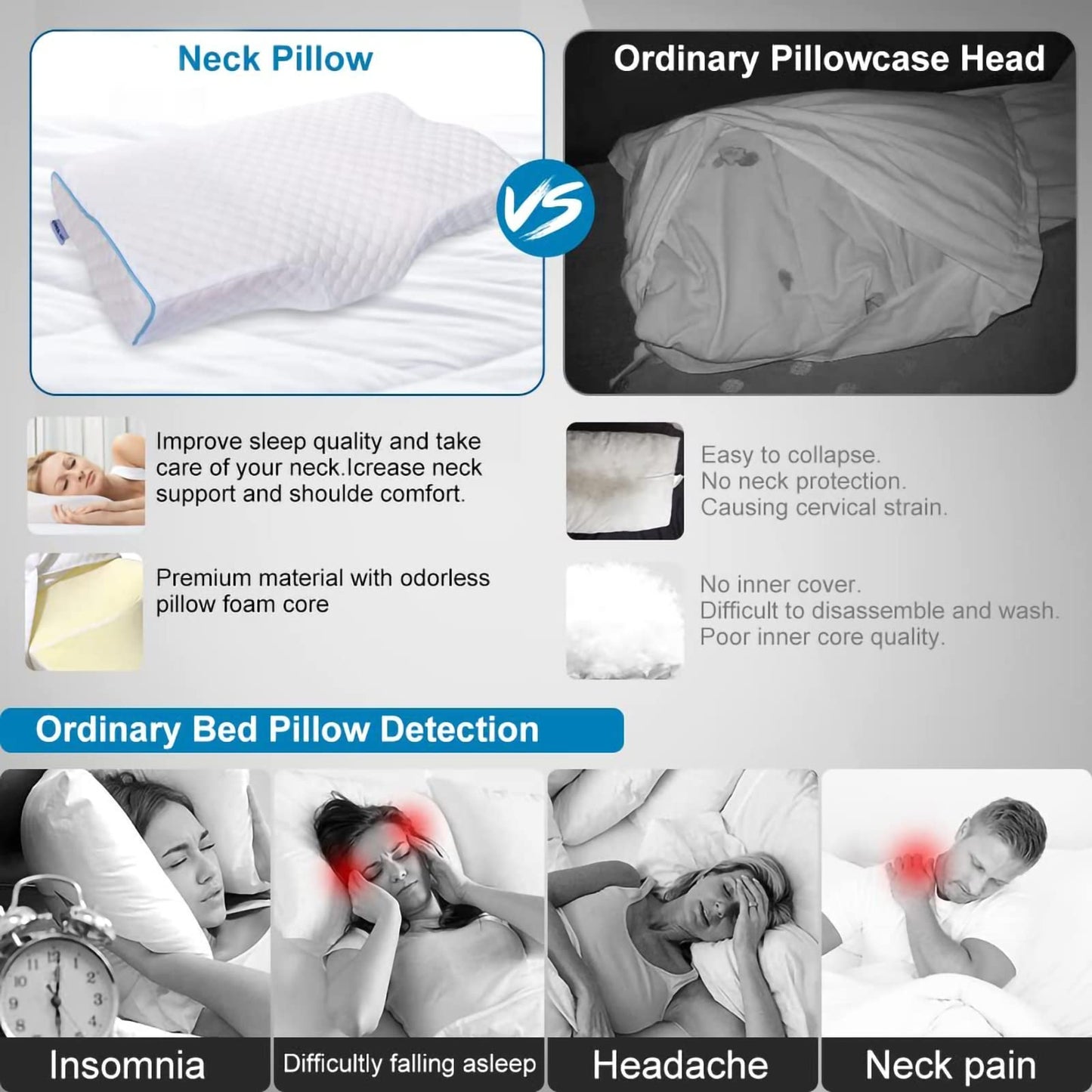HOOSUFU Almohada Memory Foam Almohada ortopedica Cervical Almohada ortopedica para Dormir Almohadas de Espuma Viscoelástica Almohada para cervicales y Cuello