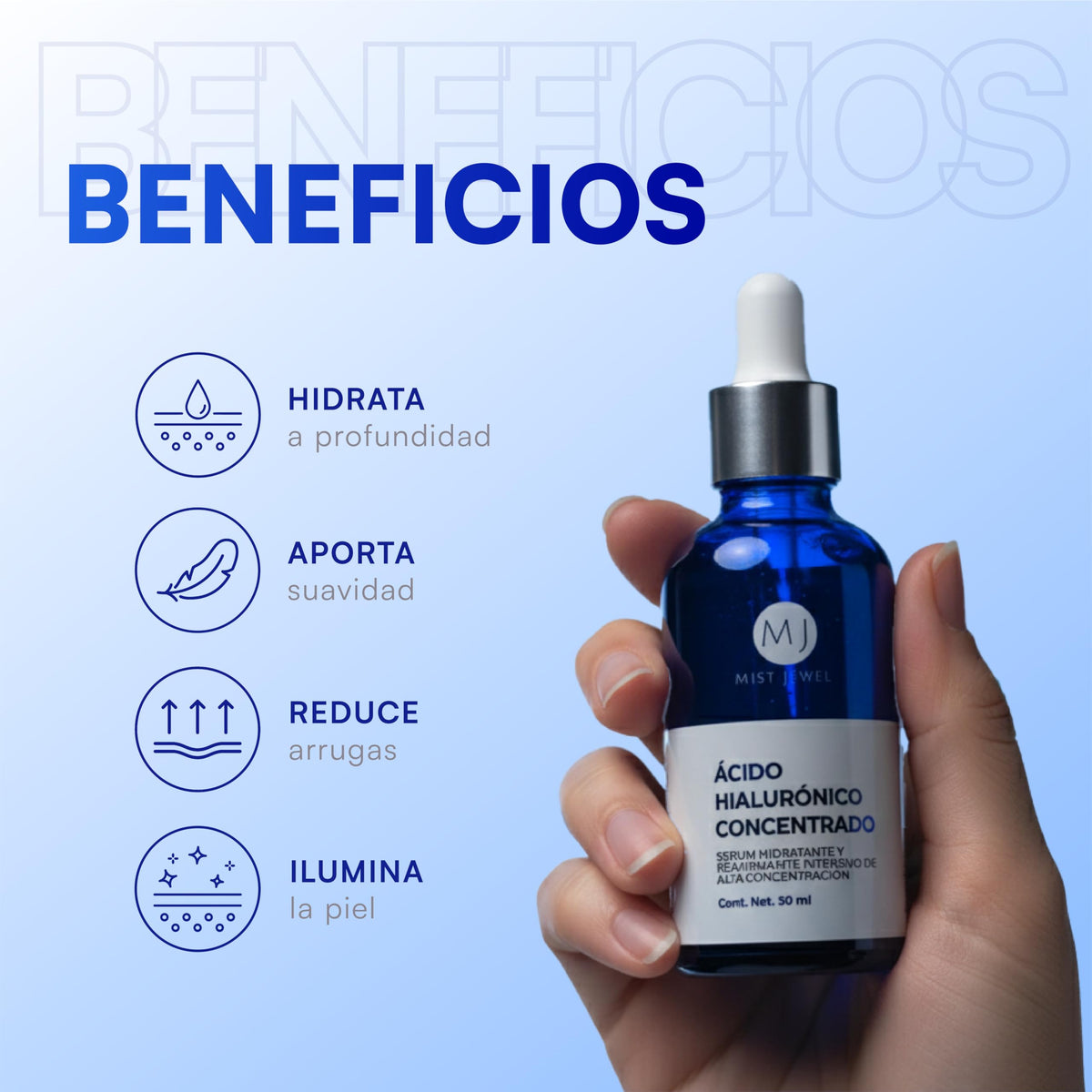 MIST JEWEL - HYDRA - Serum Acido hialuronico facial concentrado para arrugas antiedad | Hyaluronic acid suero para el rostro de alta concentración hidratante intenso y rejuvenecedor 50ml (AH Concentrado)