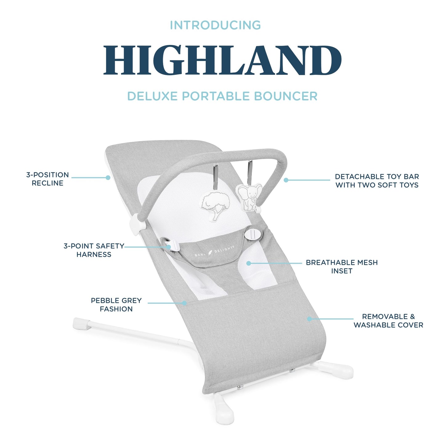 Baby Delight Highland Baby Bouncer | Infantil | 0-6 meses | Reclinado de 3 posiciones | Gris guijarro