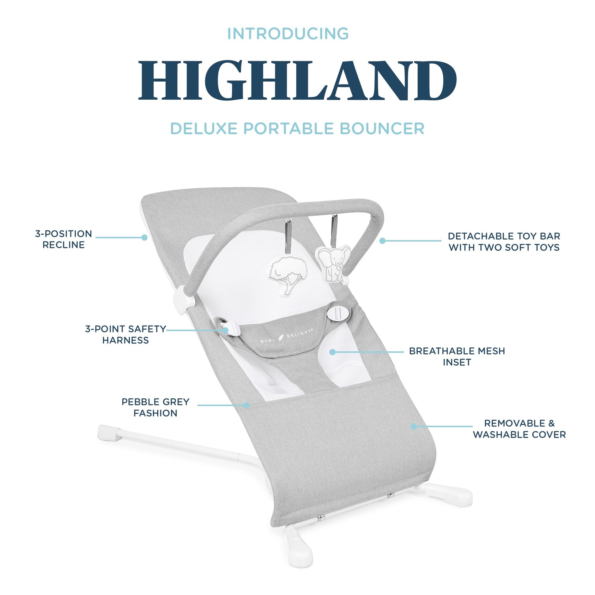 Baby Delight Highland Baby Bouncer | Infantil | 0-6 meses | Reclinado de 3 posiciones | Gris guijarro