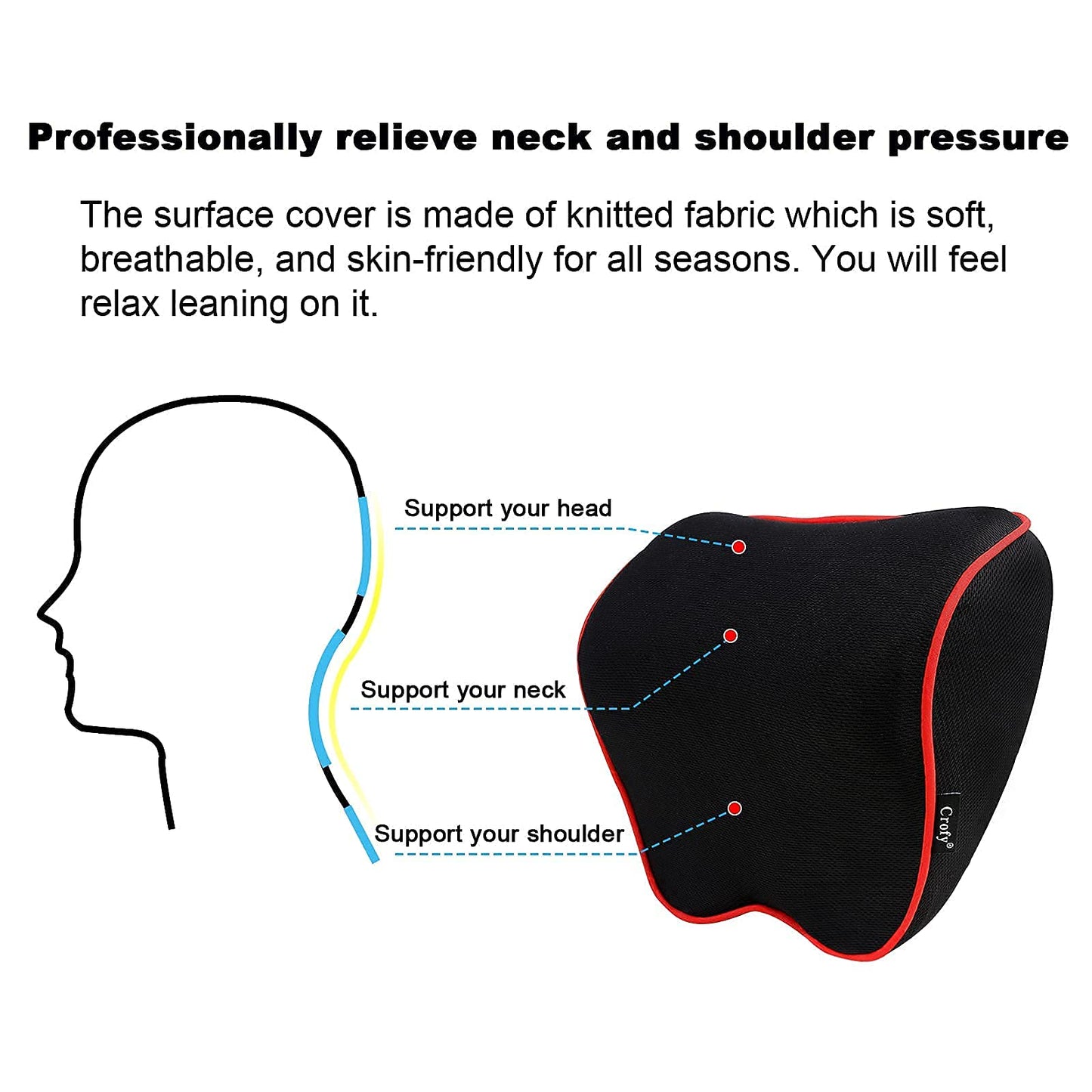Crofy - Paquete de 2 almohadas para el cuello del coche, suave reposacabezas de coche para conducir con correa ajustable, 100% espuma viscoelástica y funda extraíble transpirable, diseño ergonómico