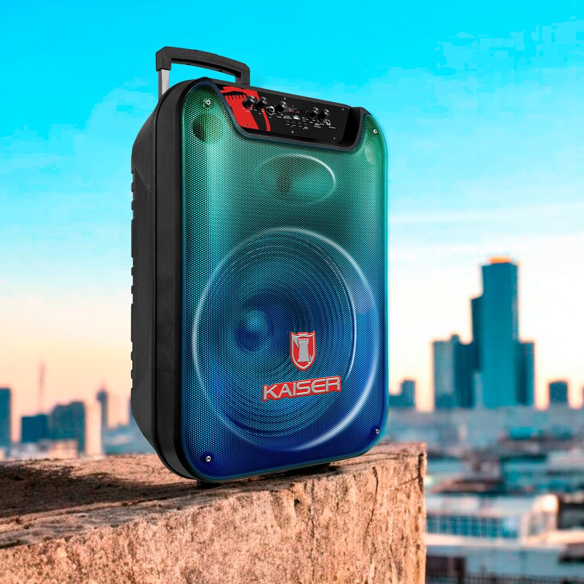 Bocina Profesional de 15 Pulgadas con Luz Flama Frontal Recargable, 35W RMS, Bluetooth, FM, USB, Micro SD, Aux, Micrófono Alámbrico y Ruedas para fácil transportación y manija retráctil KSW-3515