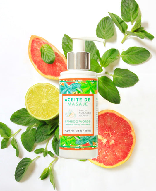 Bamboo Words | Aceite para Masaje | Mezcla de Cítricos | Menta, Toronja y Té de limón | Aceite corporal | Limpia y Humecta | 138 ml