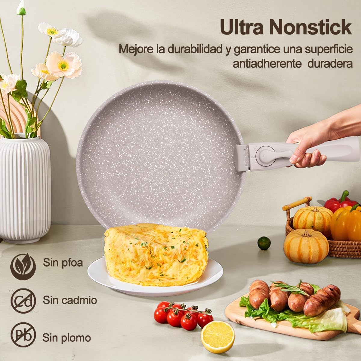 LOKOOY Juego de 16 Ollas y Sartenes con Mango Desmontables, Alta Antiadherente, Bateria de Cocina Con Tapas y Cojín, Sartén para Freír Apto para Lavaplatos, Cocina de Inducción y Horno