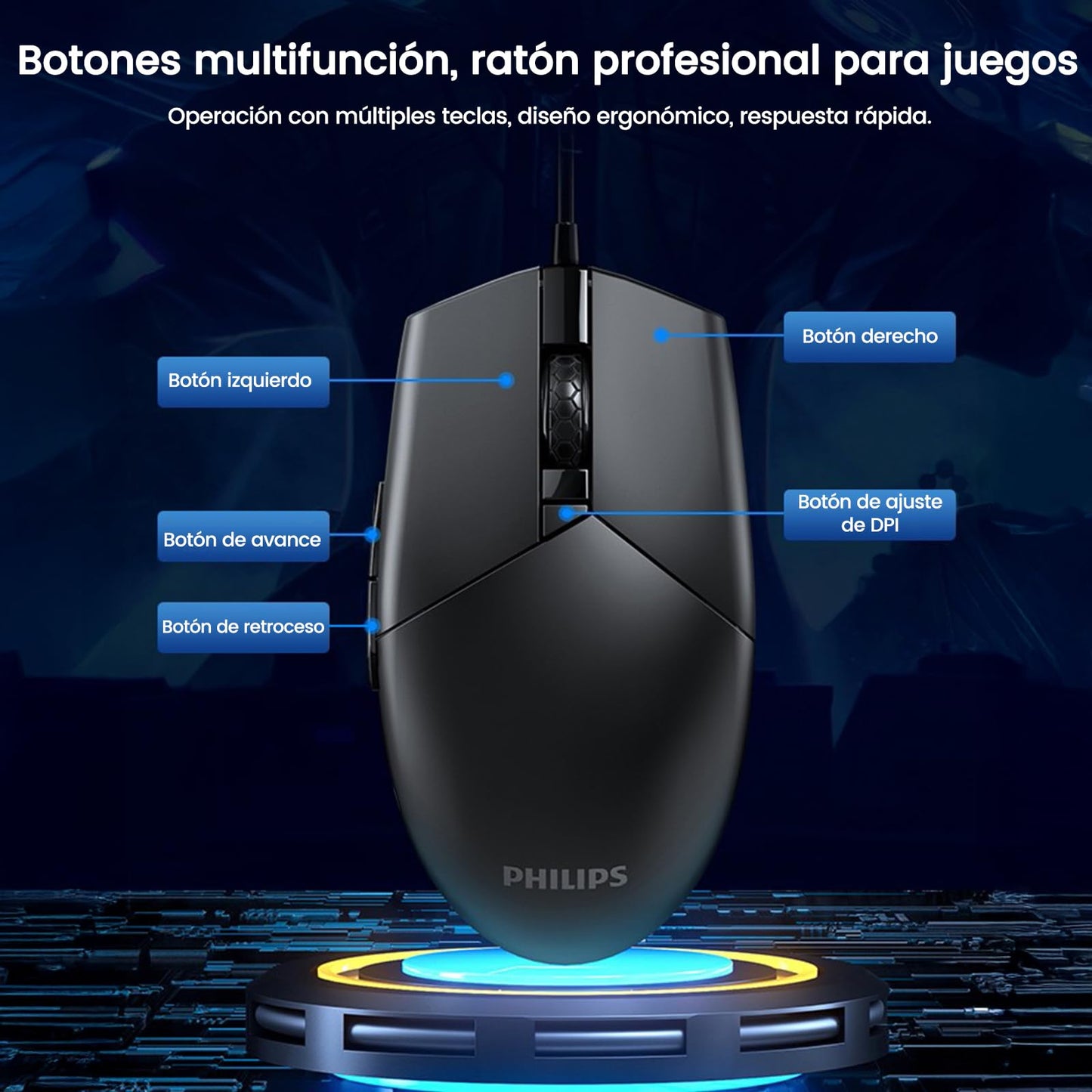 Mouse Gaming Philips Negro con Iluminación RGB y 6 Botones Programables