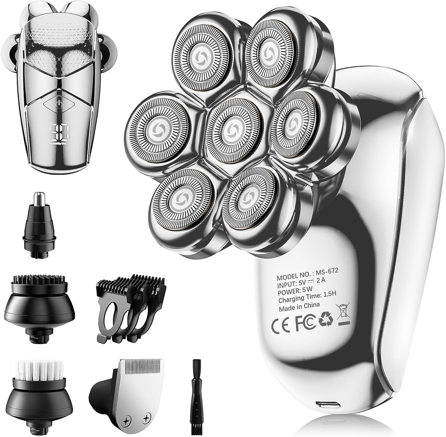 SHPAVVER - Afeitadoras de cabeza para hombres calvos: maquinilla de afeitar eléctrica 5 en 1 - IPX7 - Kit de afeitado impermeable para balder - Turbo velocidad y cuchillas de precisión (blanco plata)