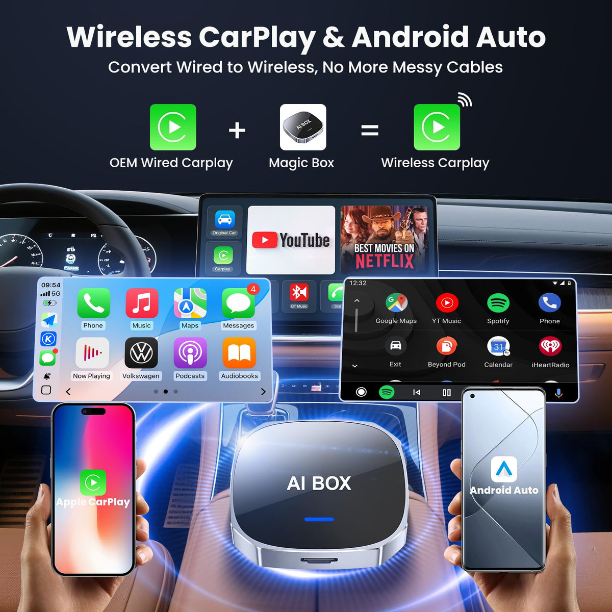 Adaptador Inalámbrico 2 en 1 Magic AI Box Streaming para Apple CarPlay y Android Auto 2026 Compatible Netflix YouTube coche