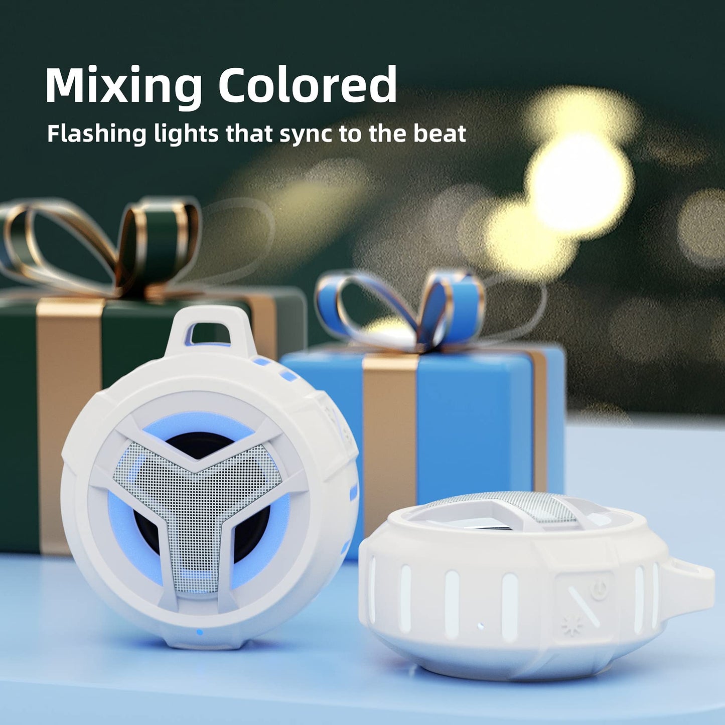 EBODA - Altavoz de ducha Bluetooth IPX7 impermeable, mini altavoces portátiles, estéreo inalámbrico verdadero Bluetooth 5.0 con sonido claro, flotante, 2000 mAh con luz LED para el hogar, playa, ducha