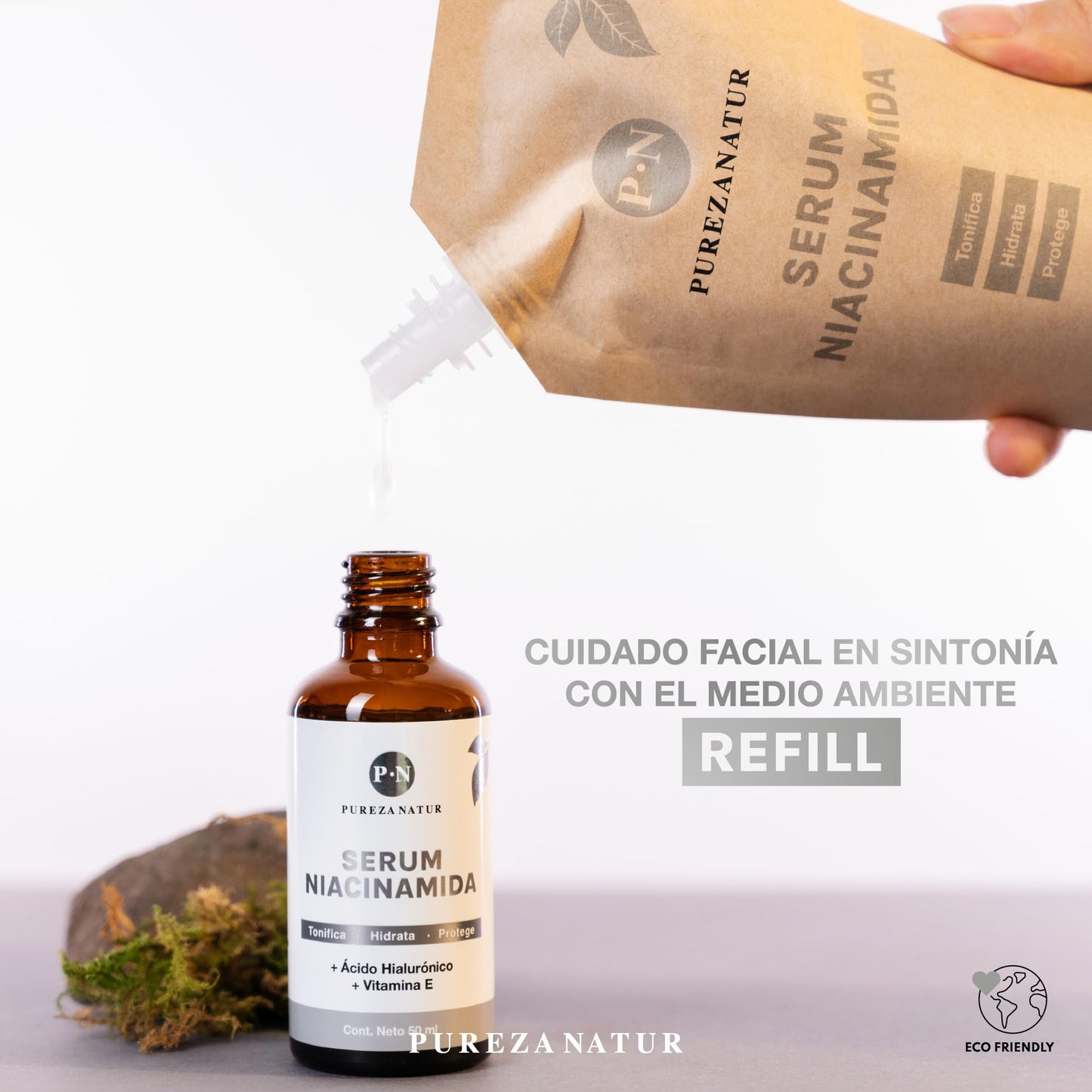 PUREZA NATUR Suero facial Niacinamida B3, Vitamina E y Acido hialurónico 50ml | Serum Niacinamide para todos tipos de piel skin barrier hidratante, antioxidante potente reductor de ojeras y líneas de expresión (Refill 125ml)