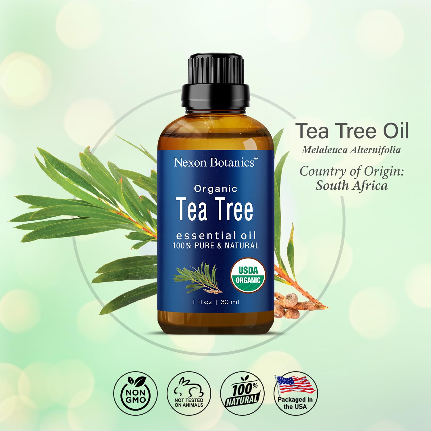 Nexon Botanics Aceite de árbol de té orgánico 30 ml – Certificado USDA, puro, natural sin diluir grado terapéutico aceite esencial para cabello, cara, piel, acné y cuero cabelludo – Melaleuca Alternifolia Oils