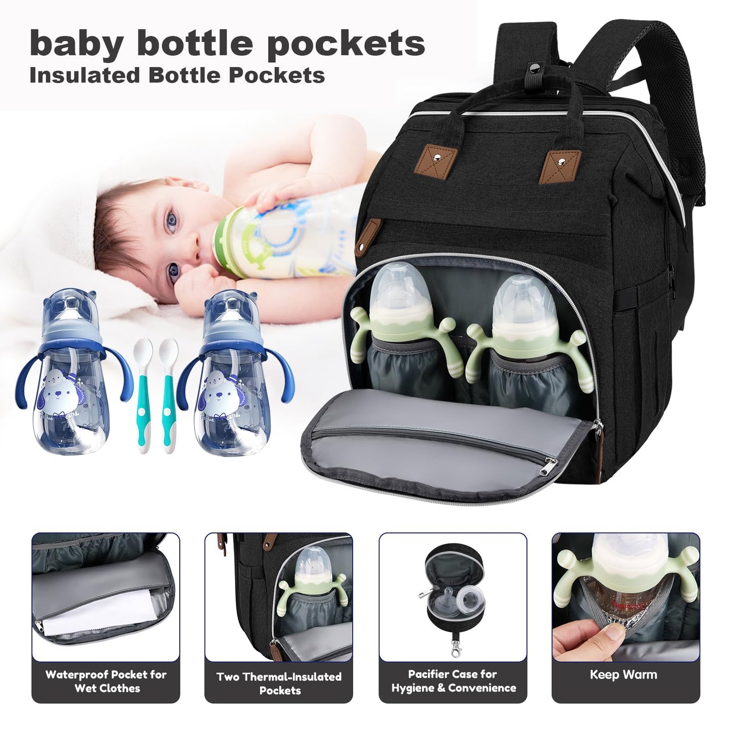 DERJUNSTAR - Mochila para pañales de gran capacidad con cambiador, mochila de viaje impermeable para niños y niñas, bolsa de bebé multifunción con puerto de carga USB, color negro