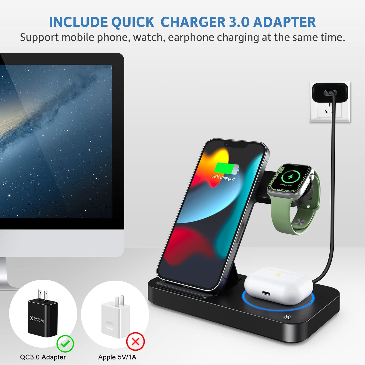 Carga Inalámbrico, 4 en 1 Estación de Carga Inalámbrico con 18W Qi Carga para iPhone 16/15/14/13/12/11,Samsung, Huawei, Airpods 3/2/Pro,Cargador Magnético de Reloj para Apple Watch 9/8/7/6/5/4/3/Ultra