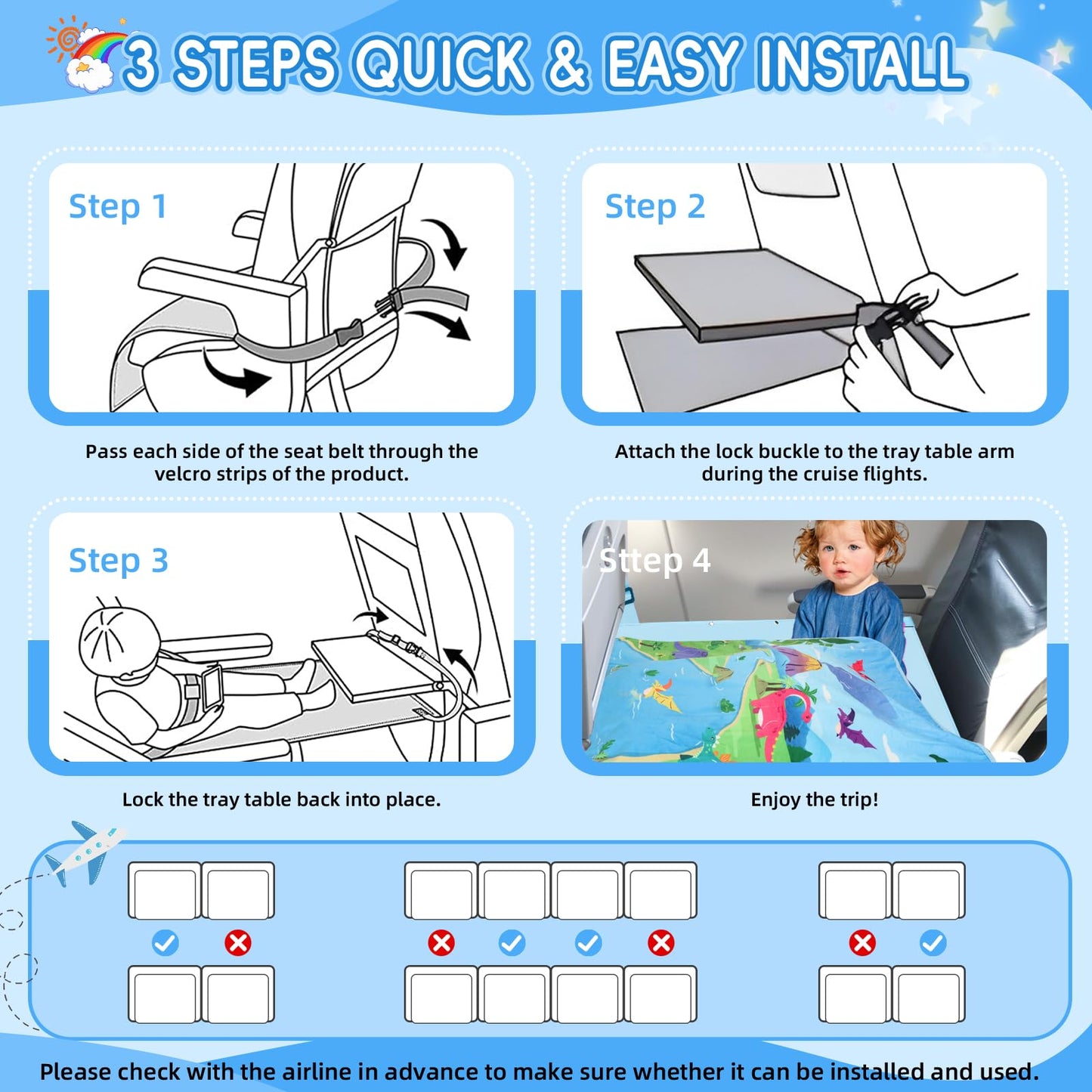 Gocozy - Cama de avión para niños pequeños con manta, extensor de asiento de avión para niños, artículos esenciales de viaje para niños, dinosaurios
