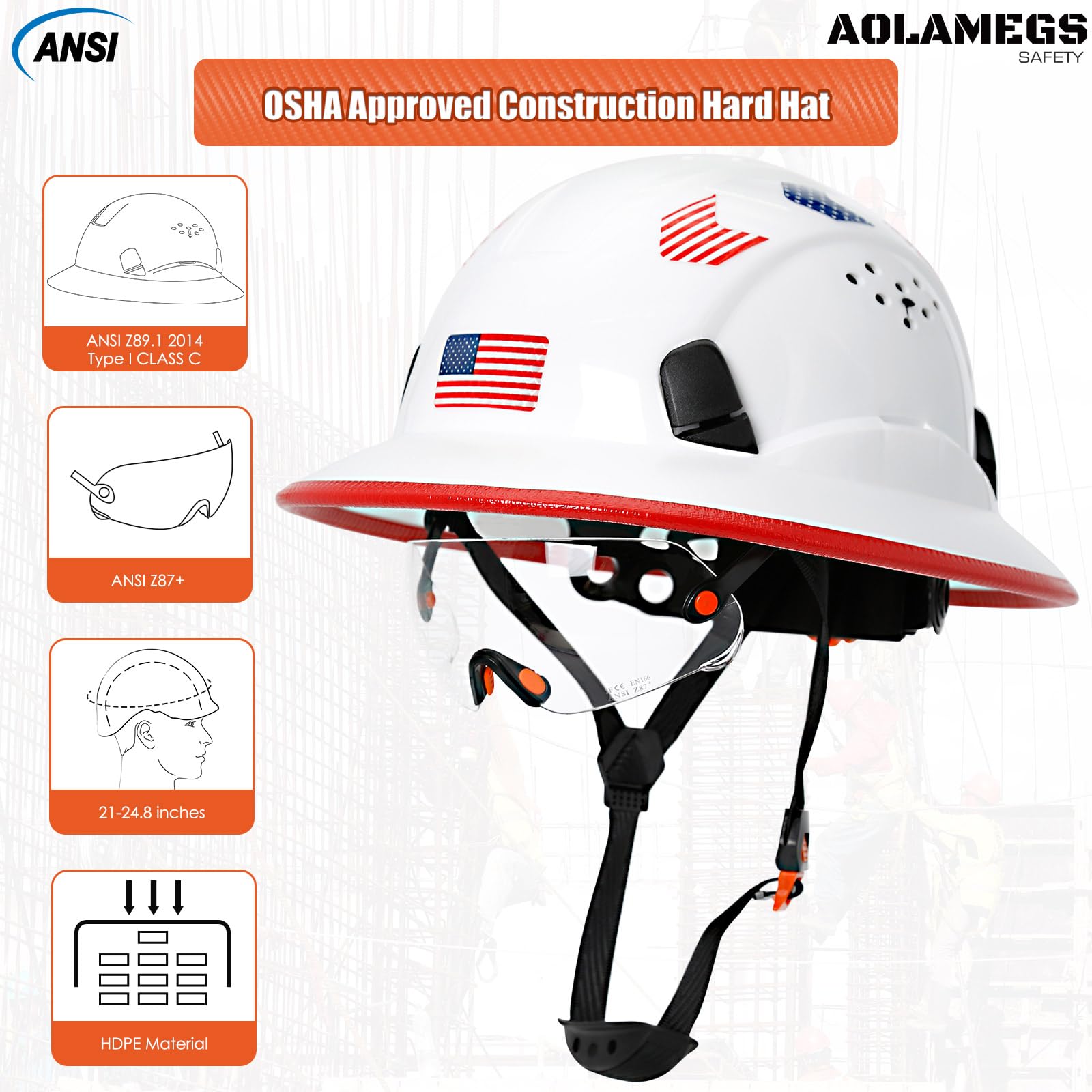 Cascos duros de borde completo con visera de construcción aprobados por OSHA - Cascos duros ventilados para hombres, Casco duro negro con correa para la barbilla, seguridad negro con visera tintada