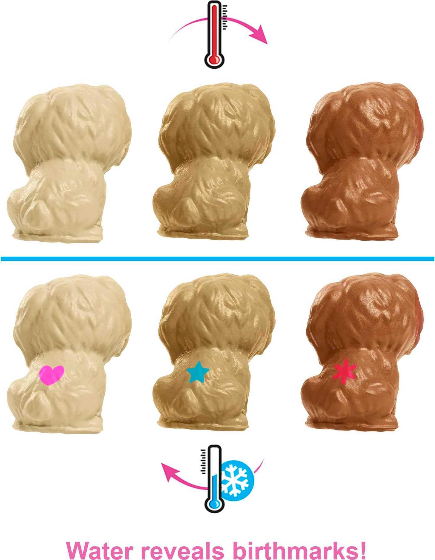 Barbie Sisters & Pets, Cachorros Recién Nacidos, Muñeca y Set de Juego con 1 perrita y 3 cachorritos, para niñas de 3 años en adelante