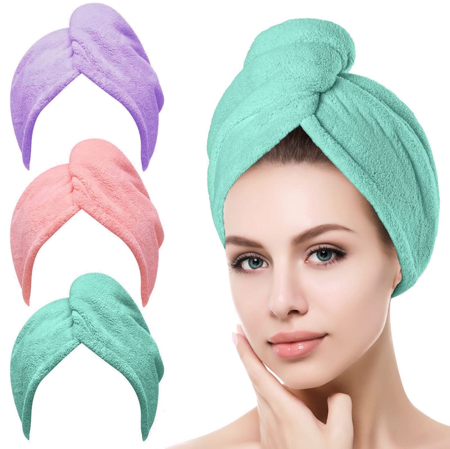 Toalla Microfibra para Cabello 3 Pack, Toalla de Cabello Seco con Botones, Gorro de Baño Ultra Absorbente de Agua, Secado de Pelo Súper Rápido, Turbante Suave Anti-Frizz para Mujer (Viole Rosa Verde)