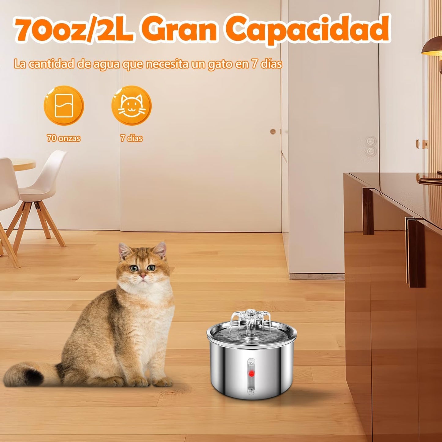 Fuente de agua para gato, Bebedero para gato de acero inoxidable 304, 5 filtros para fuente de gatos, bebedero para perro y gato para de 2L,Súper silenciosa,Mantén limpia el agua potable de tu mascota