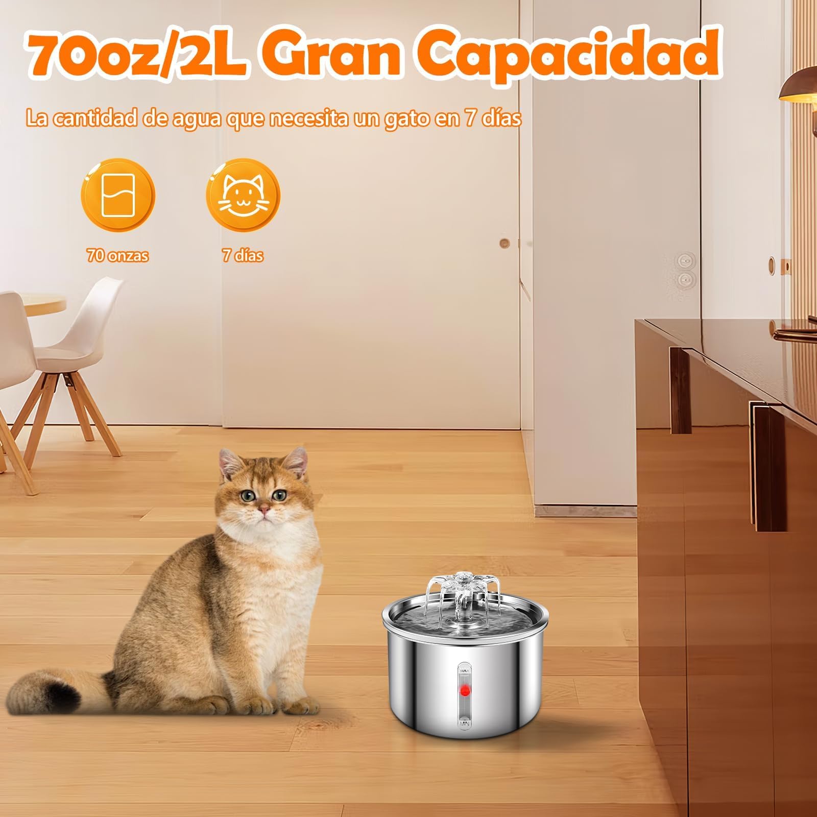 Fuente de agua para gato, Bebedero para gato de acero inoxidable 304, 5 filtros para fuente de gatos, bebedero para perro y gato para de 2L,Súper silenciosa,Mantén limpia el agua potable de tu mascota