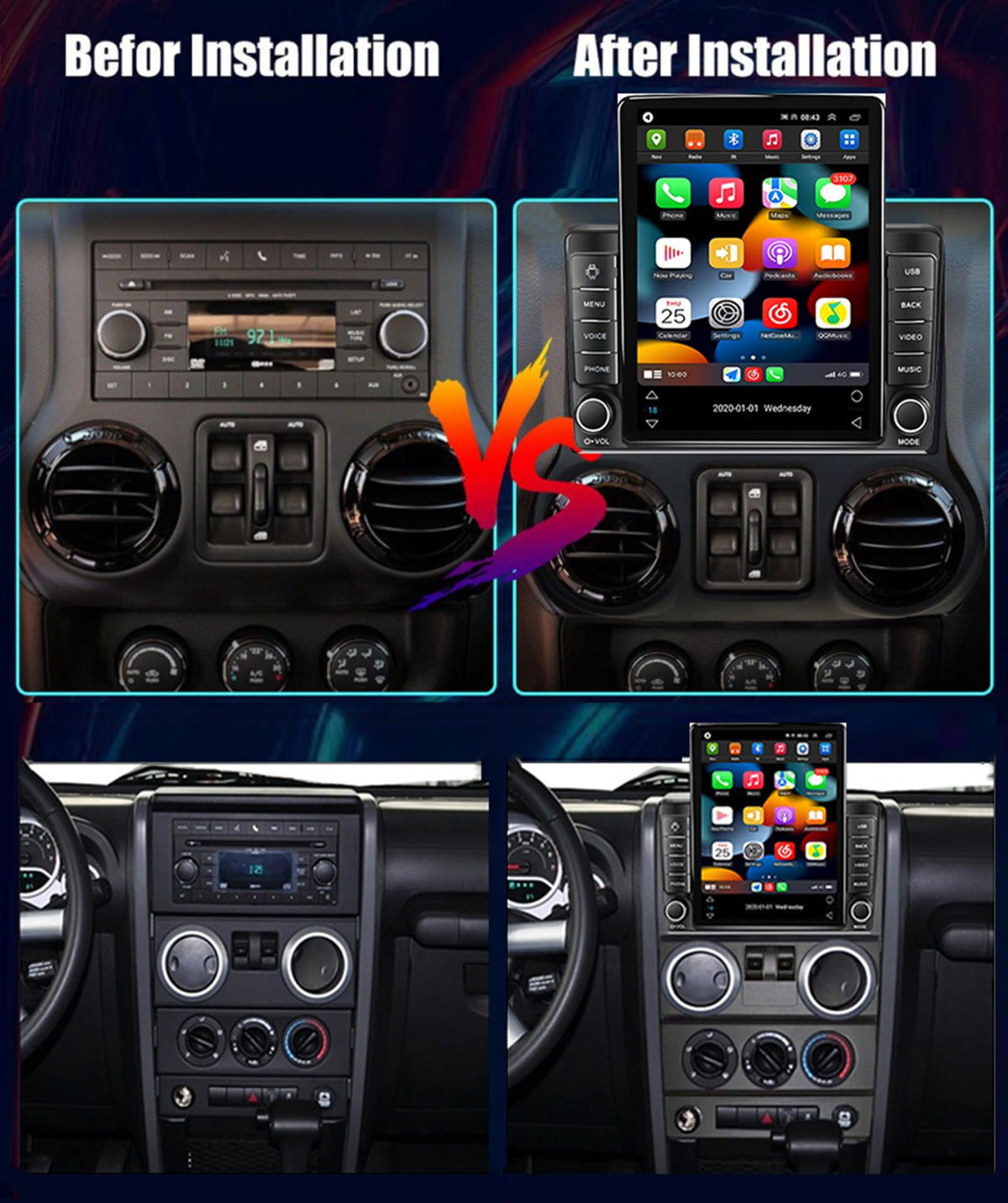Radio Android Jeep Wrangler JK Rubicon 9.7 Pulgadas Pantalla Táctil Tesla Style 4GB+64GB Con GPS para 2007-2018