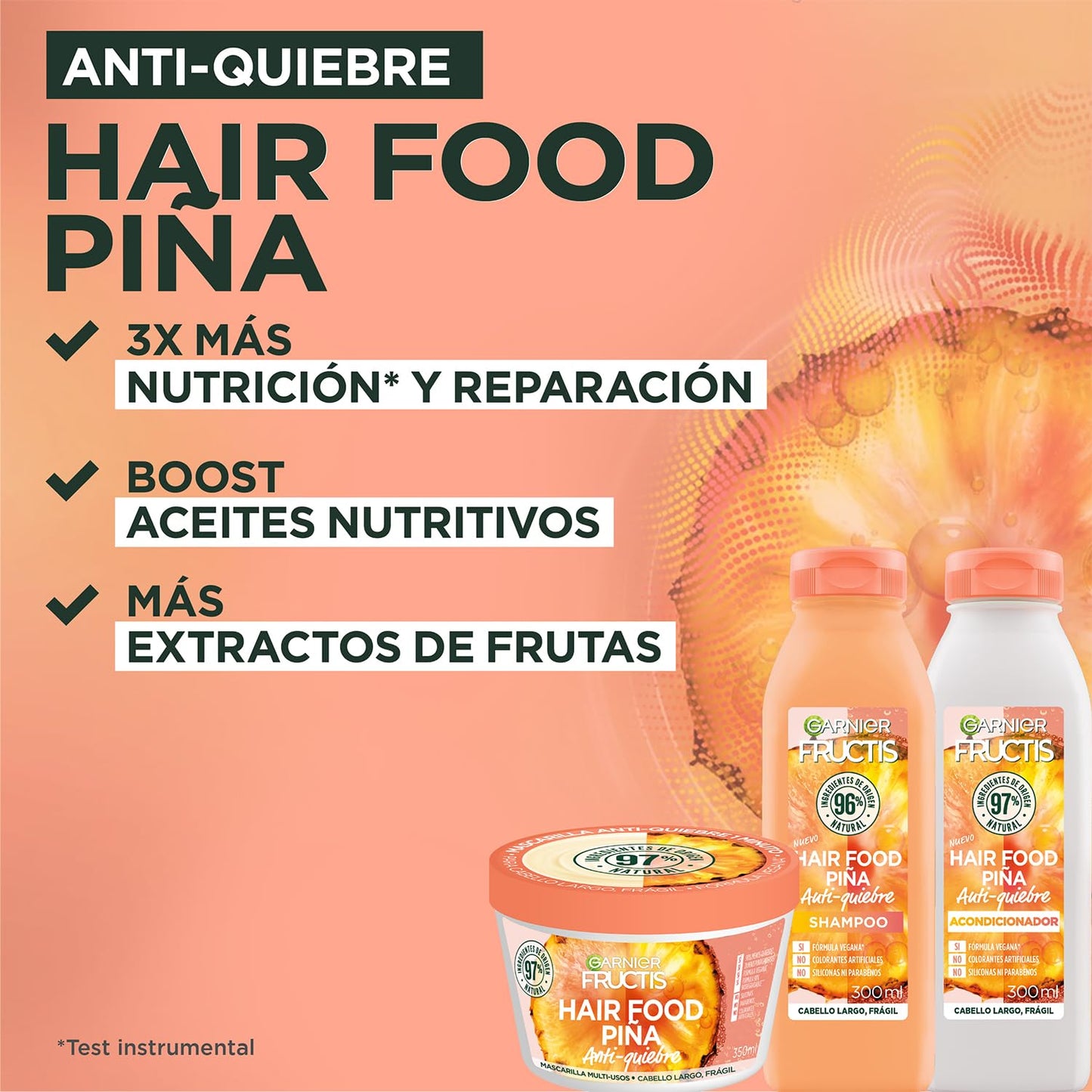 Kit Garnier Fructis Hair Food Piña Rutina Completa Anti-quiebre, Shampoo 300ml, Acondicionador 300ml y Mascarilla 350ml, 3 piezas